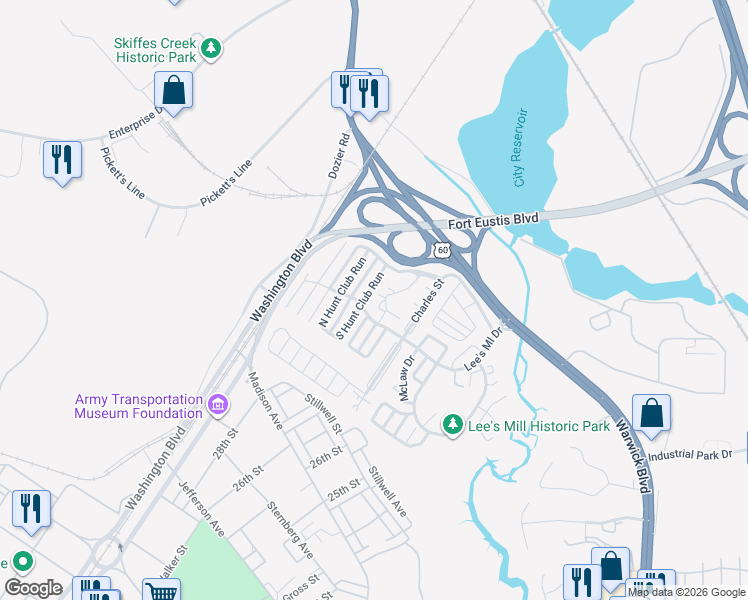 map of restaurants, bars, coffee shops, grocery stores, and more near 204 South Hunt Club Run in Newport News