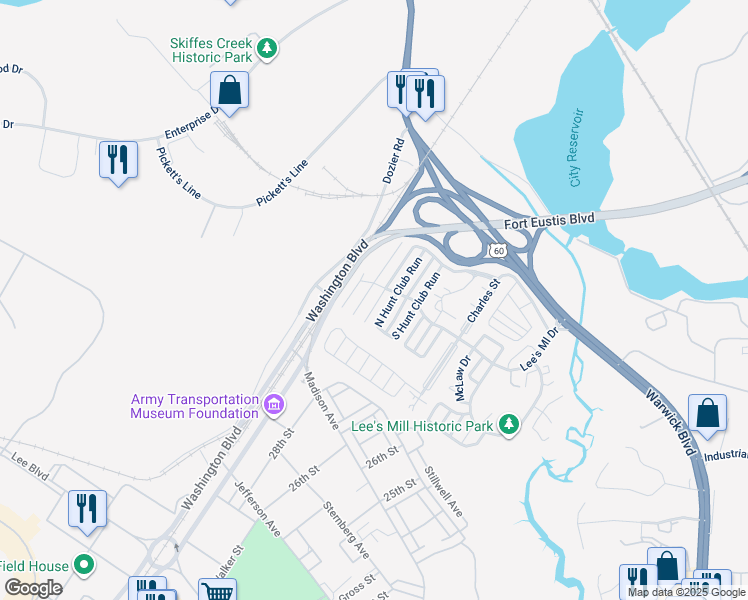 map of restaurants, bars, coffee shops, grocery stores, and more near 199 North Hunt Club Run in Newport News