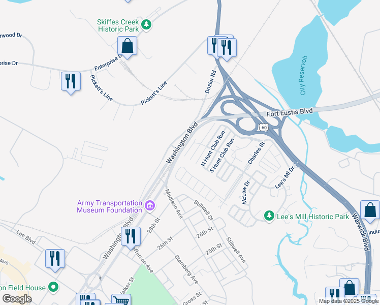 map of restaurants, bars, coffee shops, grocery stores, and more near 192 Lees Mill Drive in Newport News