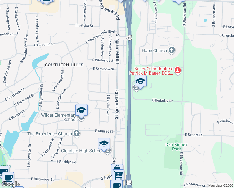map of restaurants, bars, coffee shops, grocery stores, and more near 2345 South Ingram Mill Road in Springfield