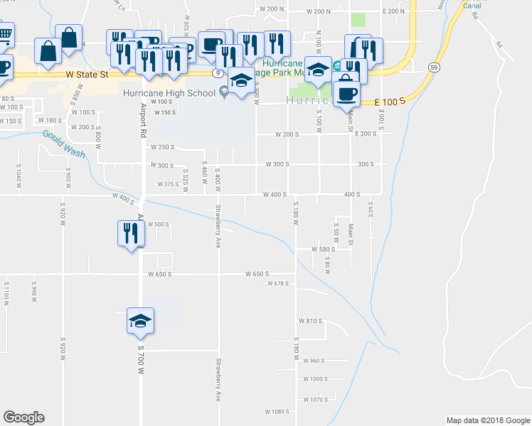 map of restaurants, bars, coffee shops, grocery stores, and more near 287 West 400 South in Hurricane
