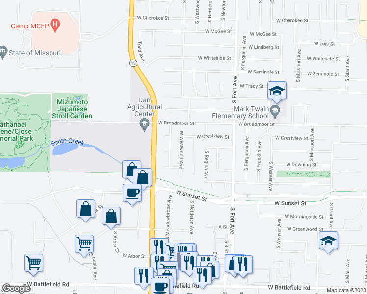 map of restaurants, bars, coffee shops, grocery stores, and more near 2462 South Westwood Avenue in Springfield