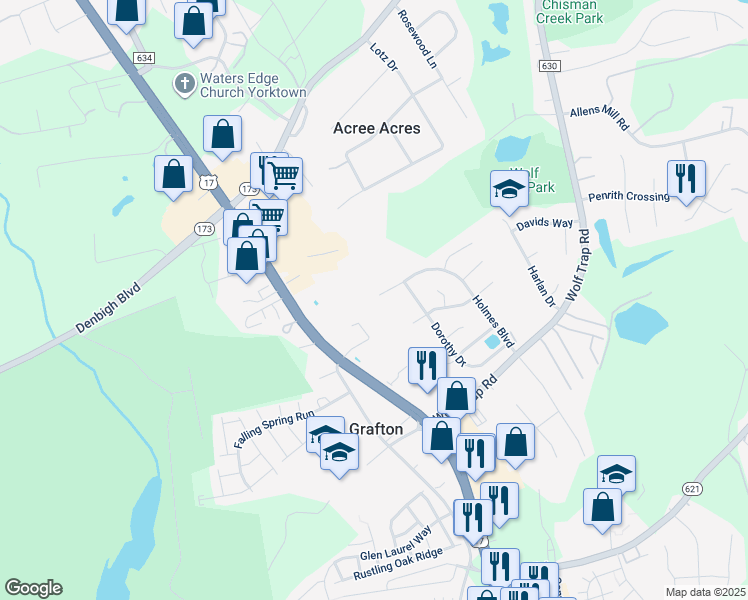 map of restaurants, bars, coffee shops, grocery stores, and more near 617 Holmes Boulevard in Yorktown