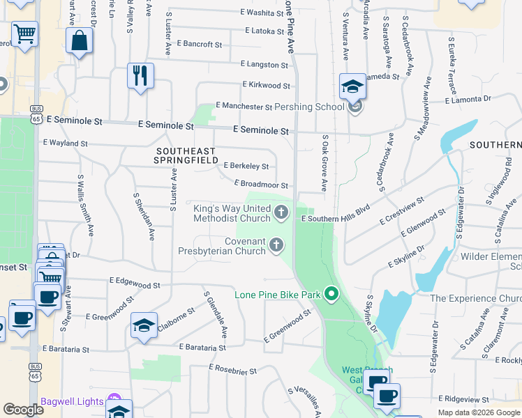 map of restaurants, bars, coffee shops, grocery stores, and more near 2414 East Fritts Lane in Springfield