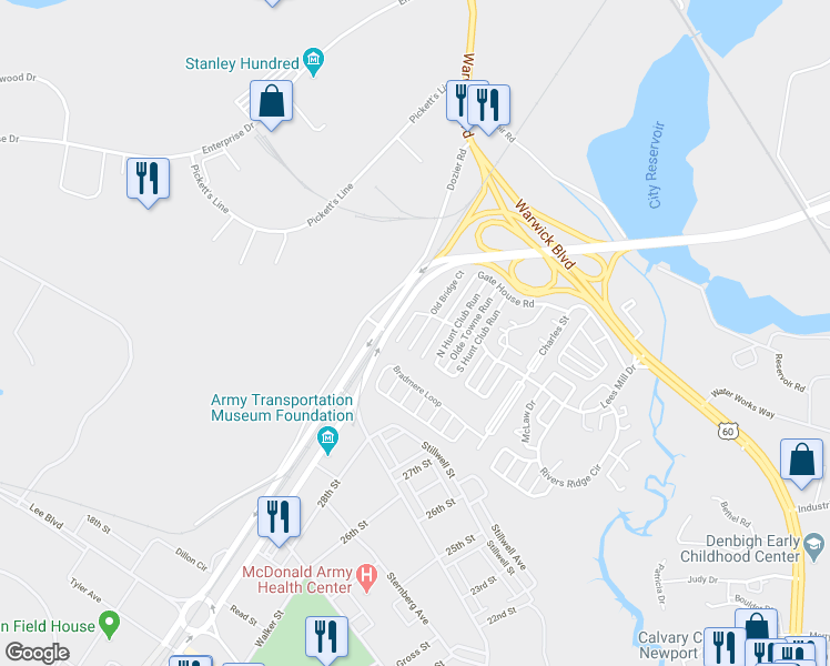 map of restaurants, bars, coffee shops, grocery stores, and more near 189 Old Bridge Road in Newport News