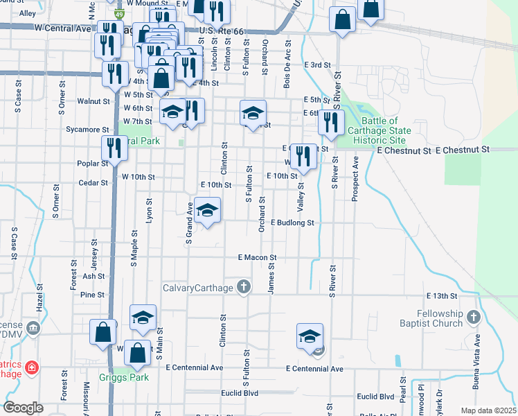 map of restaurants, bars, coffee shops, grocery stores, and more near 1029 Orchard Street in Carthage