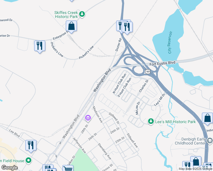 map of restaurants, bars, coffee shops, grocery stores, and more near 192 Lees Mill Drive in Newport News