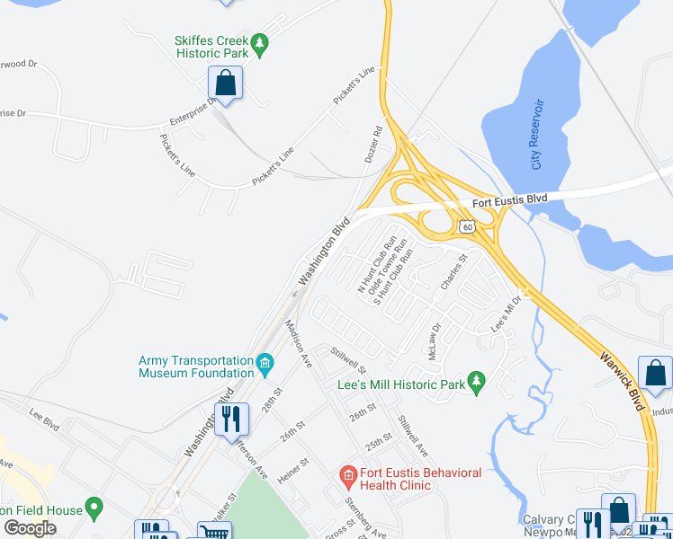 map of restaurants, bars, coffee shops, grocery stores, and more near 190 Lees Mill Drive in Newport News