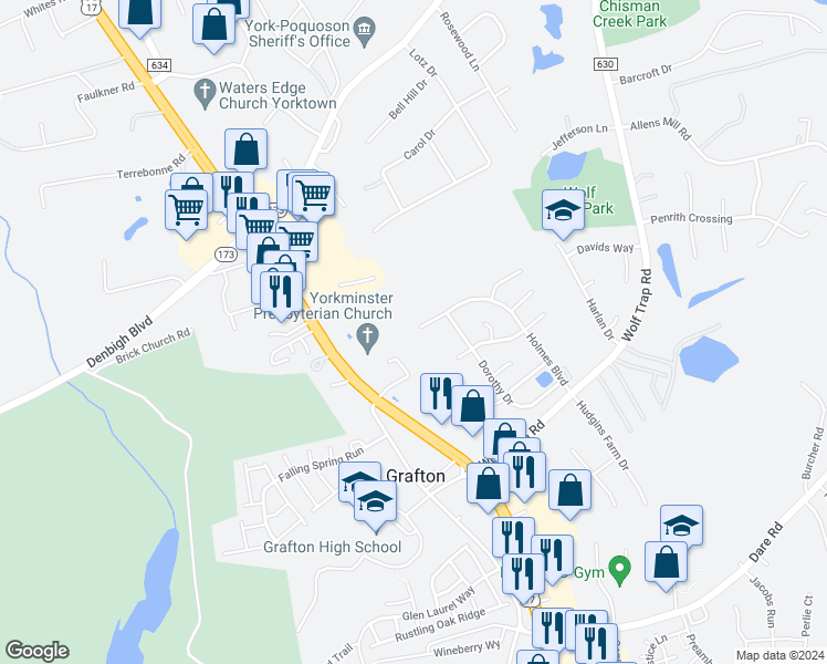 map of restaurants, bars, coffee shops, grocery stores, and more near 617 Holmes Boulevard in Yorktown