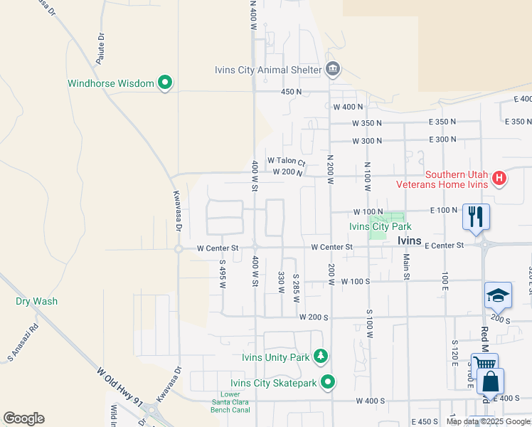 map of restaurants, bars, coffee shops, grocery stores, and more near 105 North Cortez Trail in Ivins