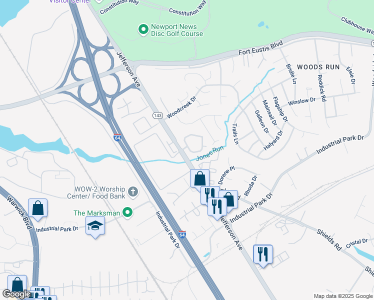 map of restaurants, bars, coffee shops, grocery stores, and more near 115 Whitewater Drive in Newport News