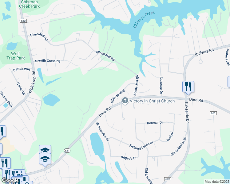 map of restaurants, bars, coffee shops, grocery stores, and more near 109 Millside Way in Yorktown