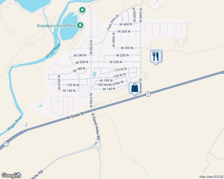 map of restaurants, bars, coffee shops, grocery stores, and more near 150 North 3700 West in Hurricane