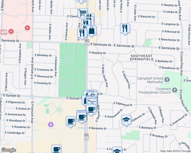 map of restaurants, bars, coffee shops, grocery stores, and more near 1840 E Crestview St in Springfield