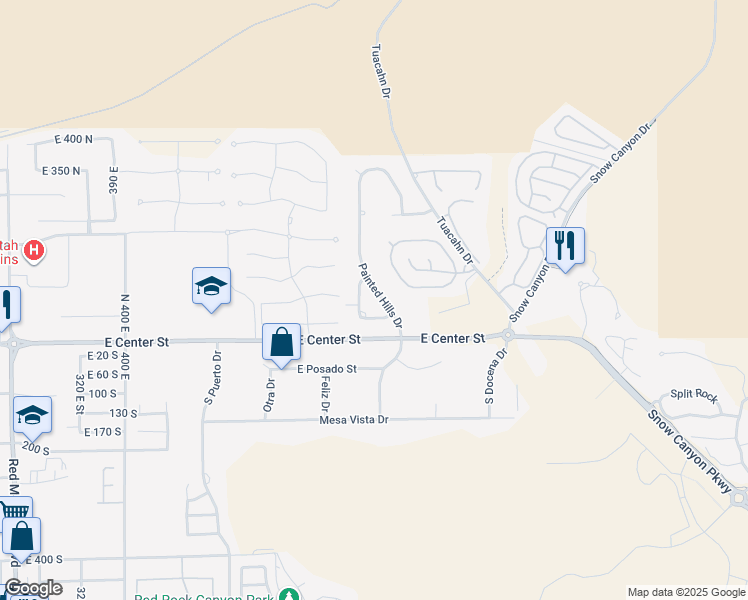 map of restaurants, bars, coffee shops, grocery stores, and more near North Painted Hills Drive in Ivins