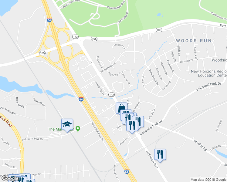 map of restaurants, bars, coffee shops, grocery stores, and more near 115 Whitewater Drive in Newport News