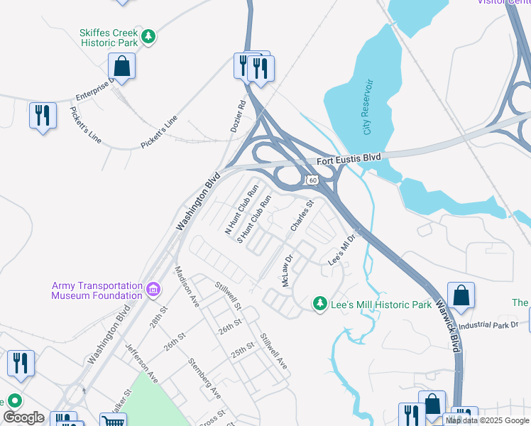 map of restaurants, bars, coffee shops, grocery stores, and more near 204 South Hunt Club Run in Newport News