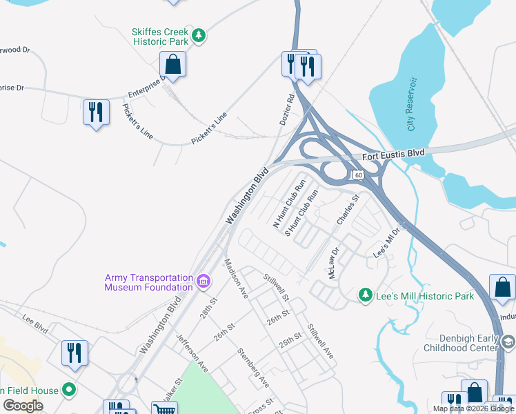 map of restaurants, bars, coffee shops, grocery stores, and more near 192 Lees Mill Drive in Newport News