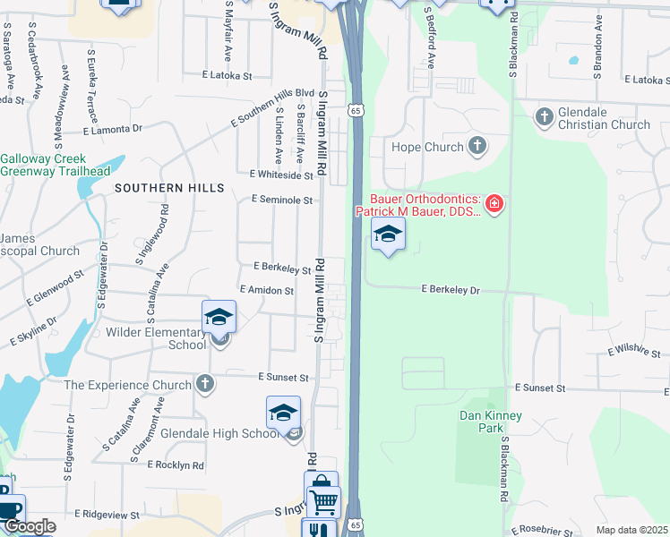 map of restaurants, bars, coffee shops, grocery stores, and more near 2350 South Ingram Mill Road in Springfield