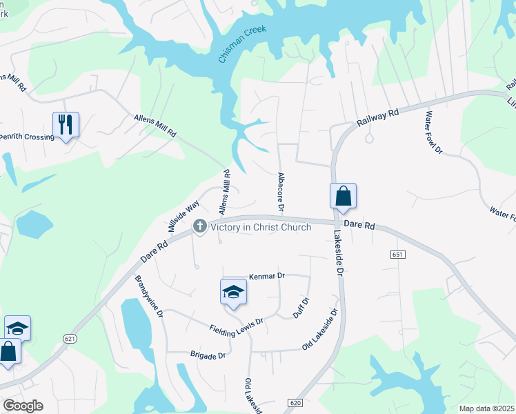 map of restaurants, bars, coffee shops, grocery stores, and more near 110 Dale Hollow Drive in Yorktown
