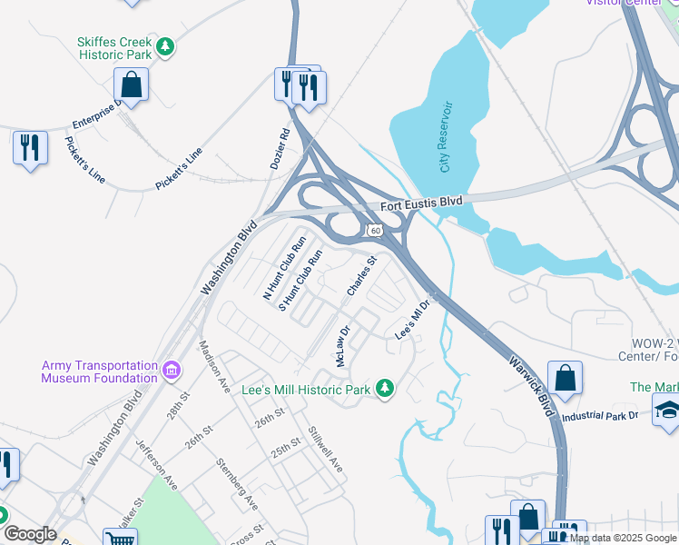 map of restaurants, bars, coffee shops, grocery stores, and more near 212 Quarter Trail in Newport News