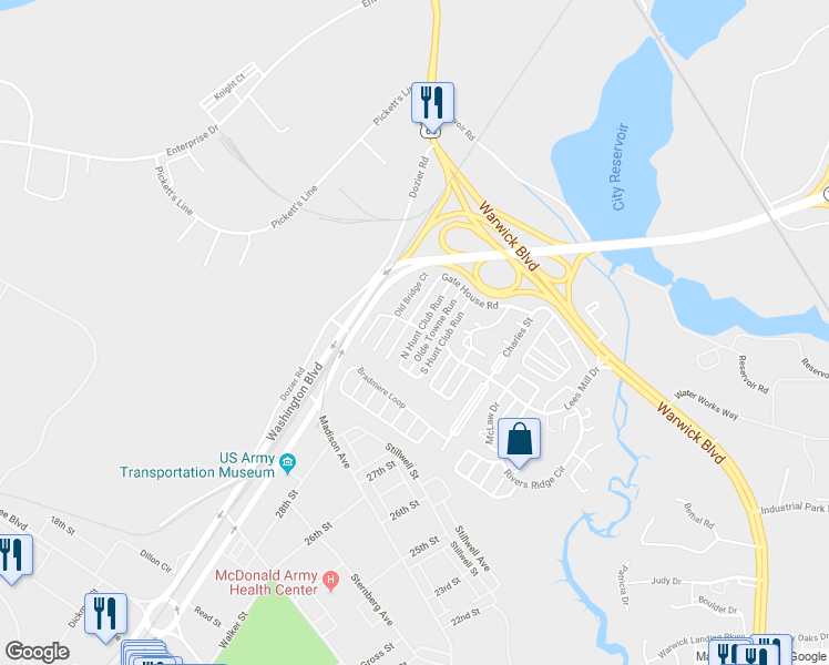 map of restaurants, bars, coffee shops, grocery stores, and more near 199 North Hunt Club Run in Newport News
