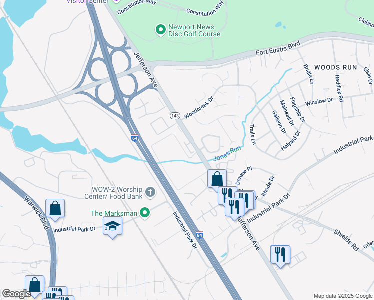 map of restaurants, bars, coffee shops, grocery stores, and more near 810 Skelton Way in Newport News