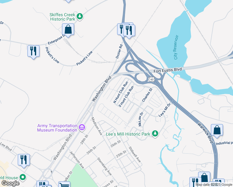 map of restaurants, bars, coffee shops, grocery stores, and more near 196 Gate House Road in Newport News