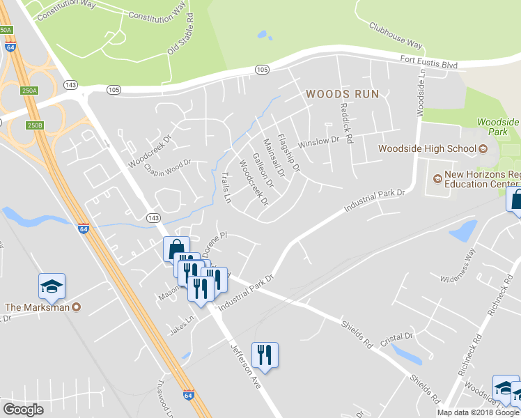 map of restaurants, bars, coffee shops, grocery stores, and more near 705 Halyard Drive in Newport News