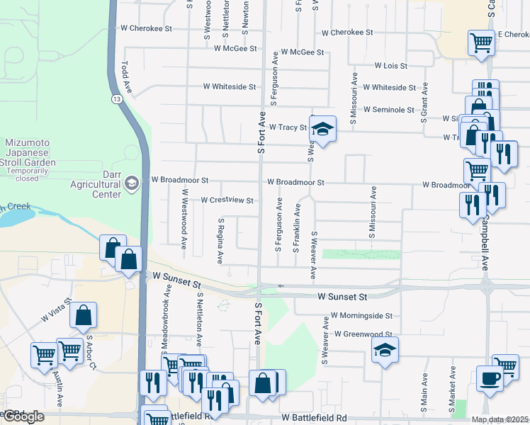map of restaurants, bars, coffee shops, grocery stores, and more near 2452 South Fort Avenue in Springfield