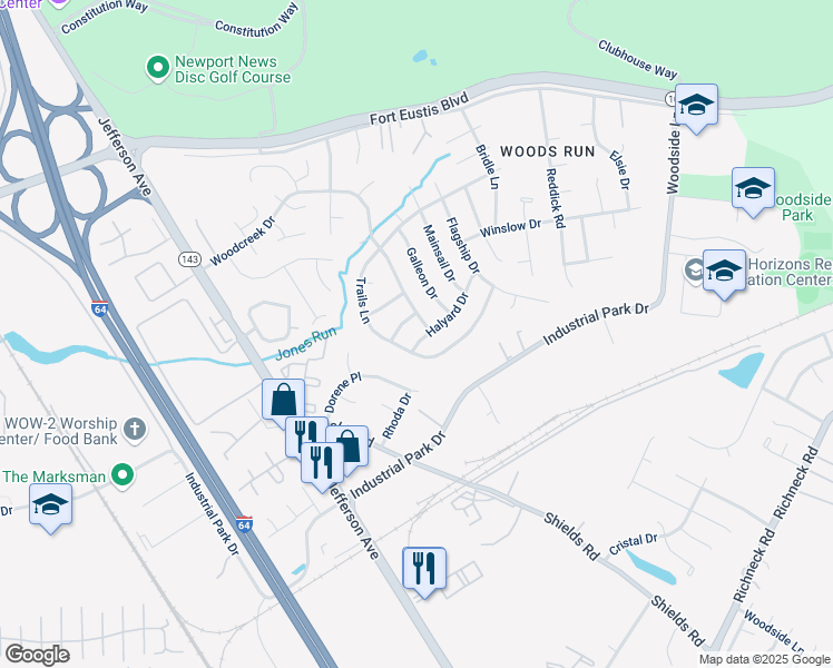 map of restaurants, bars, coffee shops, grocery stores, and more near 707 Halyard Drive in Newport News