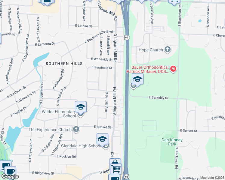 map of restaurants, bars, coffee shops, grocery stores, and more near 2345 South Ingram Mill Road in Springfield