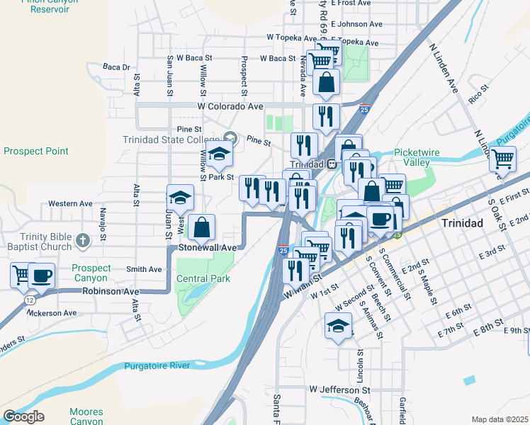 map of restaurants, bars, coffee shops, grocery stores, and more near 415 University Street in Trinidad