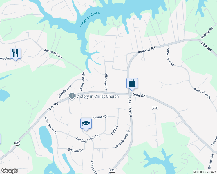 map of restaurants, bars, coffee shops, grocery stores, and more near 103 Albacore Drive in Yorktown