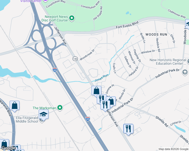 map of restaurants, bars, coffee shops, grocery stores, and more near 115 Whitewater Drive in Newport News