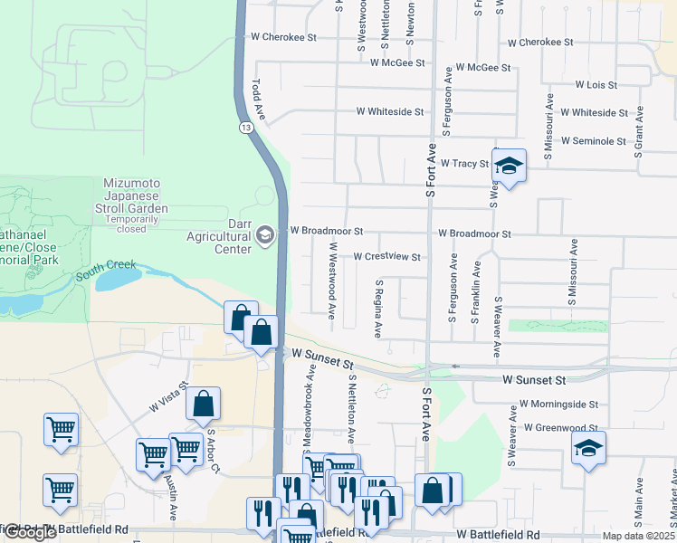 map of restaurants, bars, coffee shops, grocery stores, and more near 2454 South Westwood Avenue in Springfield