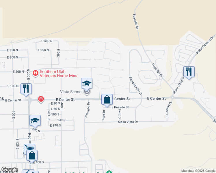 map of restaurants, bars, coffee shops, grocery stores, and more near 697 Coral Autumn Lane in Ivins