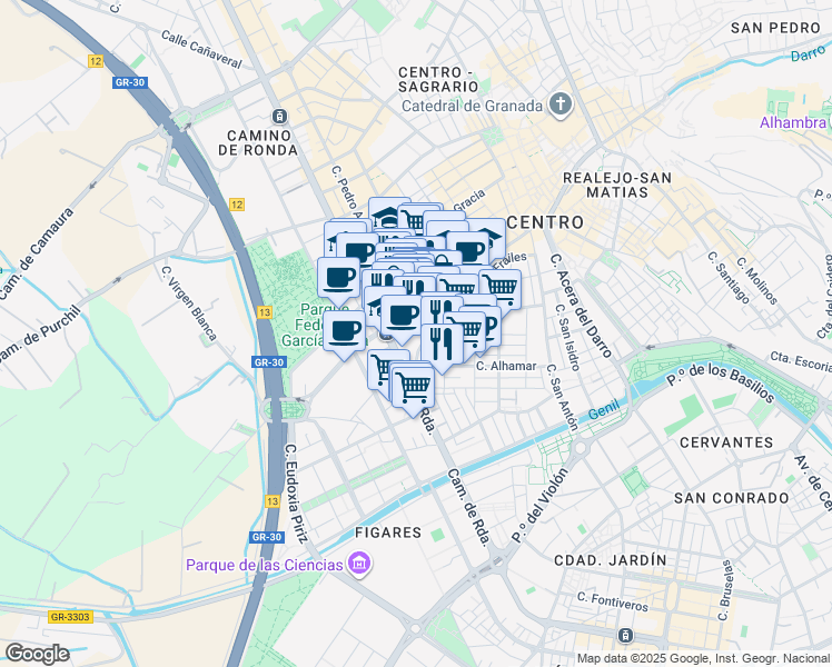 map of restaurants, bars, coffee shops, grocery stores, and more near 15 Calle Pedro Antonio de Alarcón in Granada