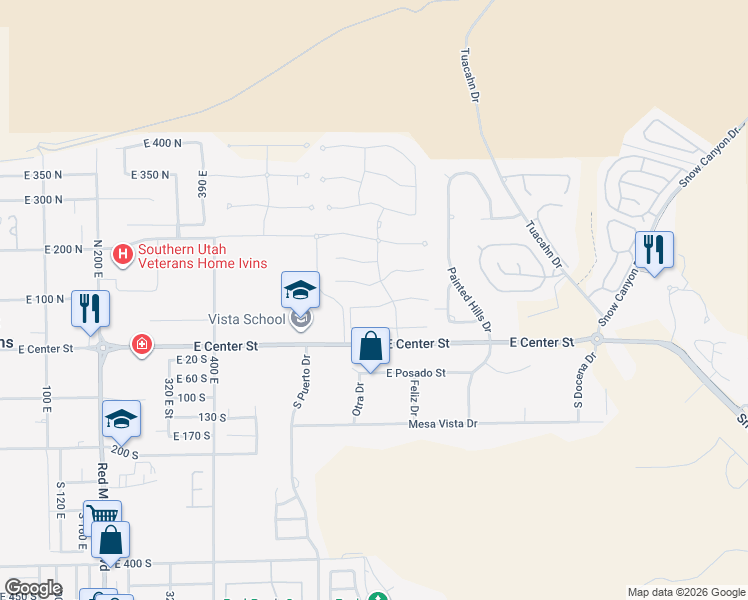 map of restaurants, bars, coffee shops, grocery stores, and more near 697 Coral Autumn Lane in Ivins