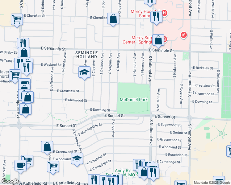 map of restaurants, bars, coffee shops, grocery stores, and more near 2437 South Kings Avenue in Springfield
