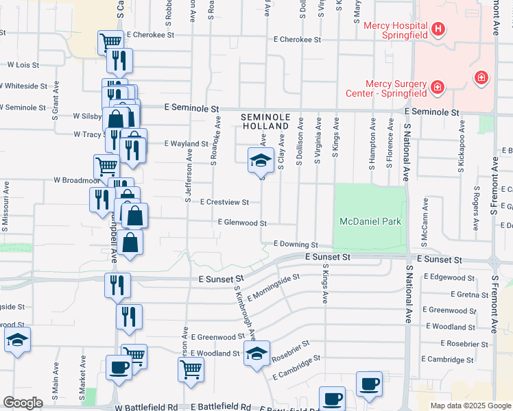 map of restaurants, bars, coffee shops, grocery stores, and more near 2441 South Holland Avenue in Springfield