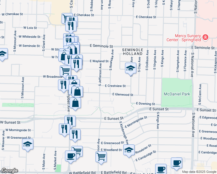 map of restaurants, bars, coffee shops, grocery stores, and more near 2437 South Roanoke Avenue in Springfield