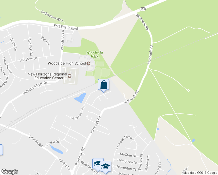 map of restaurants, bars, coffee shops, grocery stores, and more near 854 Wilderness Way in Newport News