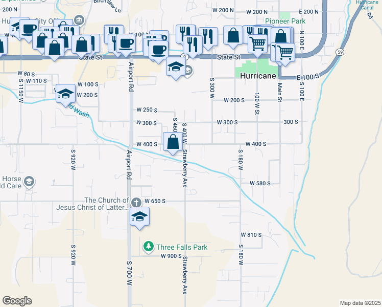 map of restaurants, bars, coffee shops, grocery stores, and more near 383 West 400 South in Hurricane