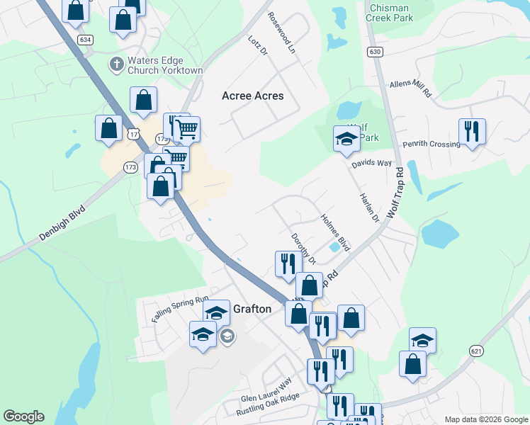 map of restaurants, bars, coffee shops, grocery stores, and more near 603 Holmes Boulevard in Yorktown
