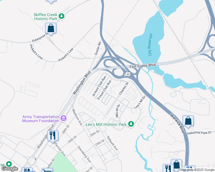 map of restaurants, bars, coffee shops, grocery stores, and more near 204 South Hunt Club Run in Newport News