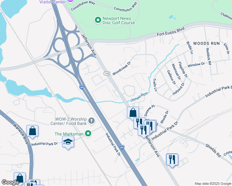 map of restaurants, bars, coffee shops, grocery stores, and more near 811 Skelton Way in Newport News