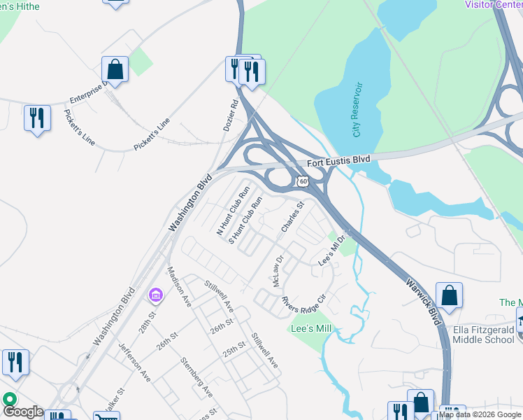 map of restaurants, bars, coffee shops, grocery stores, and more near 204 South Hunt Club Run in Newport News