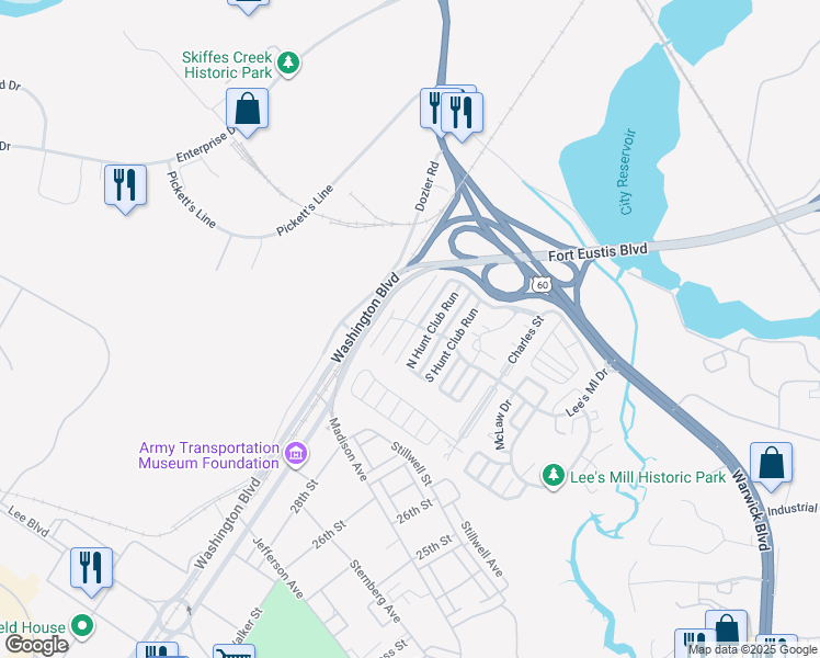 map of restaurants, bars, coffee shops, grocery stores, and more near 199 North Hunt Club Run in Newport News
