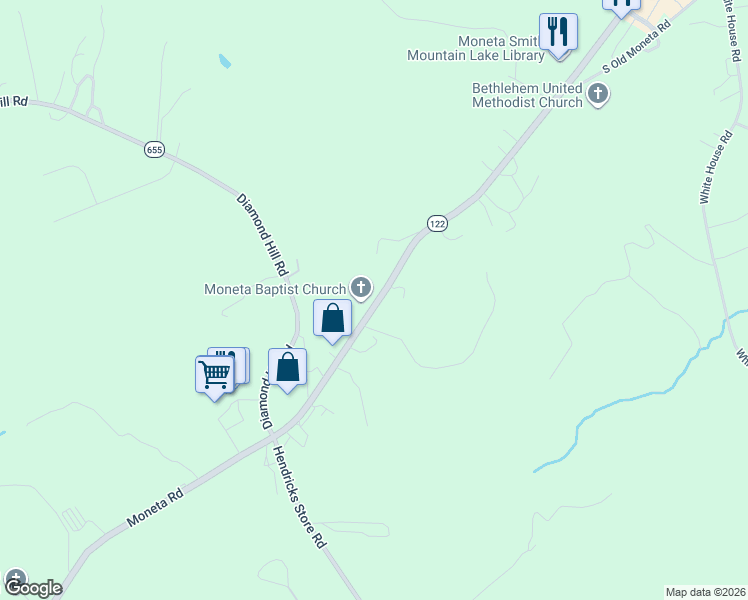map of restaurants, bars, coffee shops, grocery stores, and more near 14419 Moneta Road in Moneta